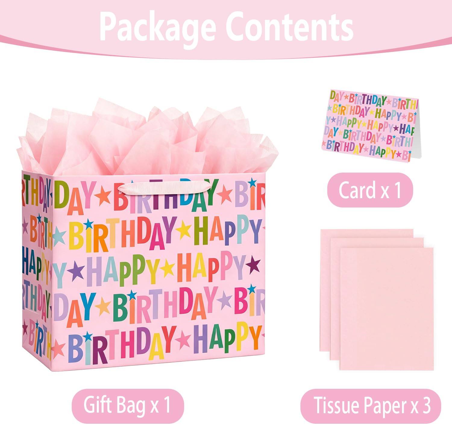 Juego de bolsas de regalo de cumpleaños extragrandes de 16.5 pulgadas con tarjeta de felicitación y papel de seda, diseño de letras coloridas para celebraciones de cumpleaños de niñas, niños y adultos