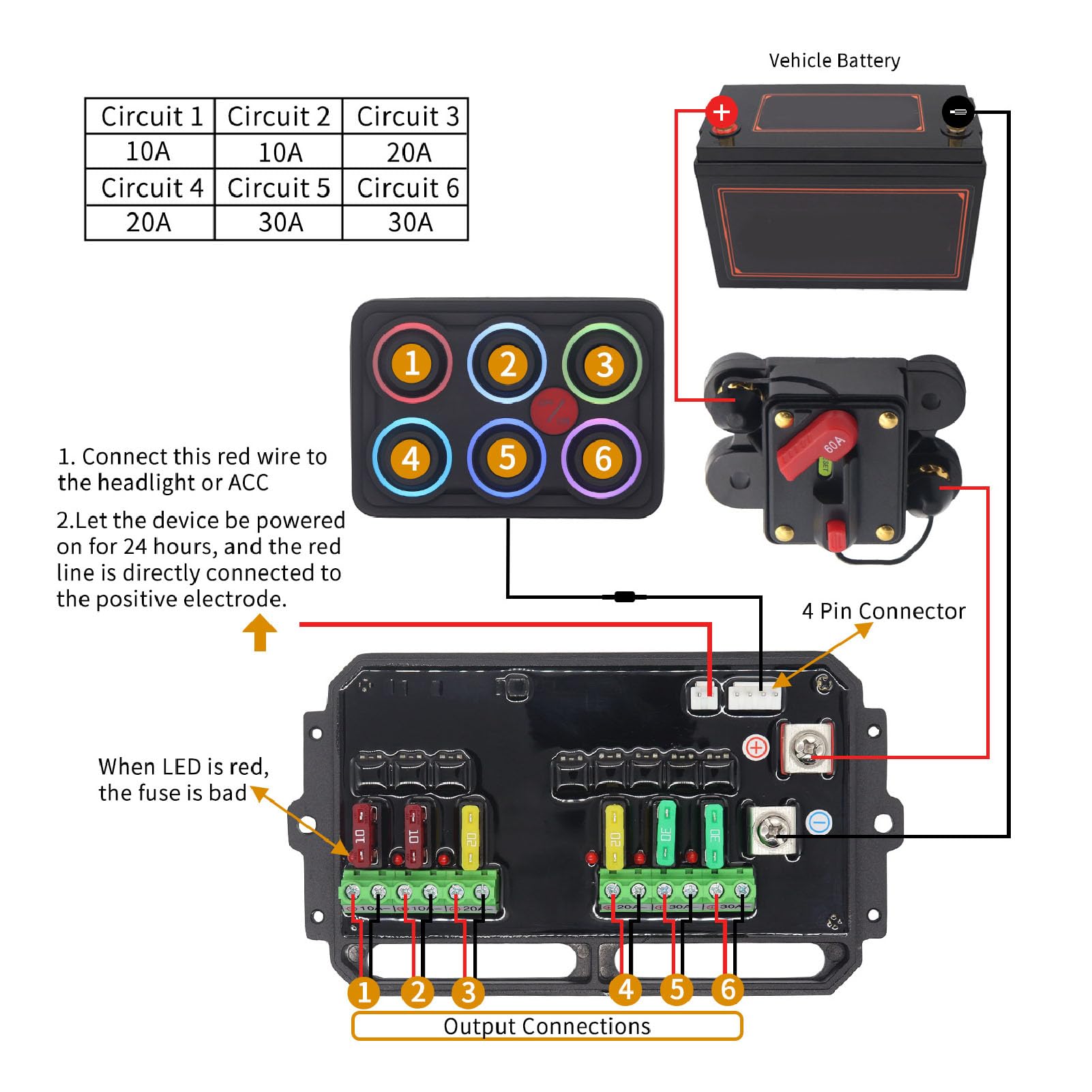 6 Panel Przełącznika Gangu RGB DC 12V do 24 V Auto Dimming IP68 Wodoodporne Obwód Sterujący Przekaźnik Systemowy dla Pickupu Samochodowego UTV ATV Boat Yacht