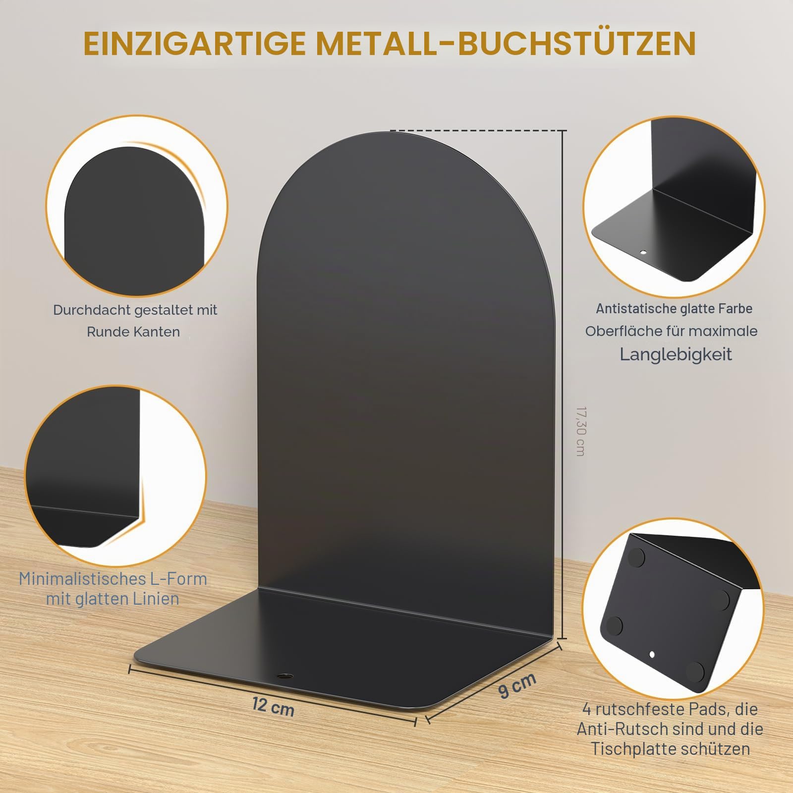 Buchstützen 4 Paare, Metall Runde für Regale und Schreibtisch, zum Halten von Büchern, Buchstopper, Schwarz für Home Office