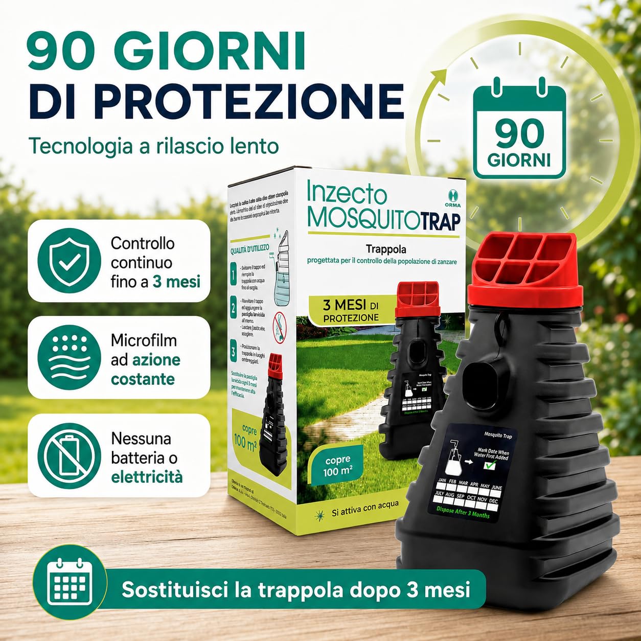 MOSQUITO TRAP | 1 PZ Trappola Zanzare Esterno Efficace 3 Mesi - Larvicida e Adulticida con Tecnologia a Rilascio Lento - Copertura 100mq - Esca Organica Inclusa - Antizanzare Prodotto