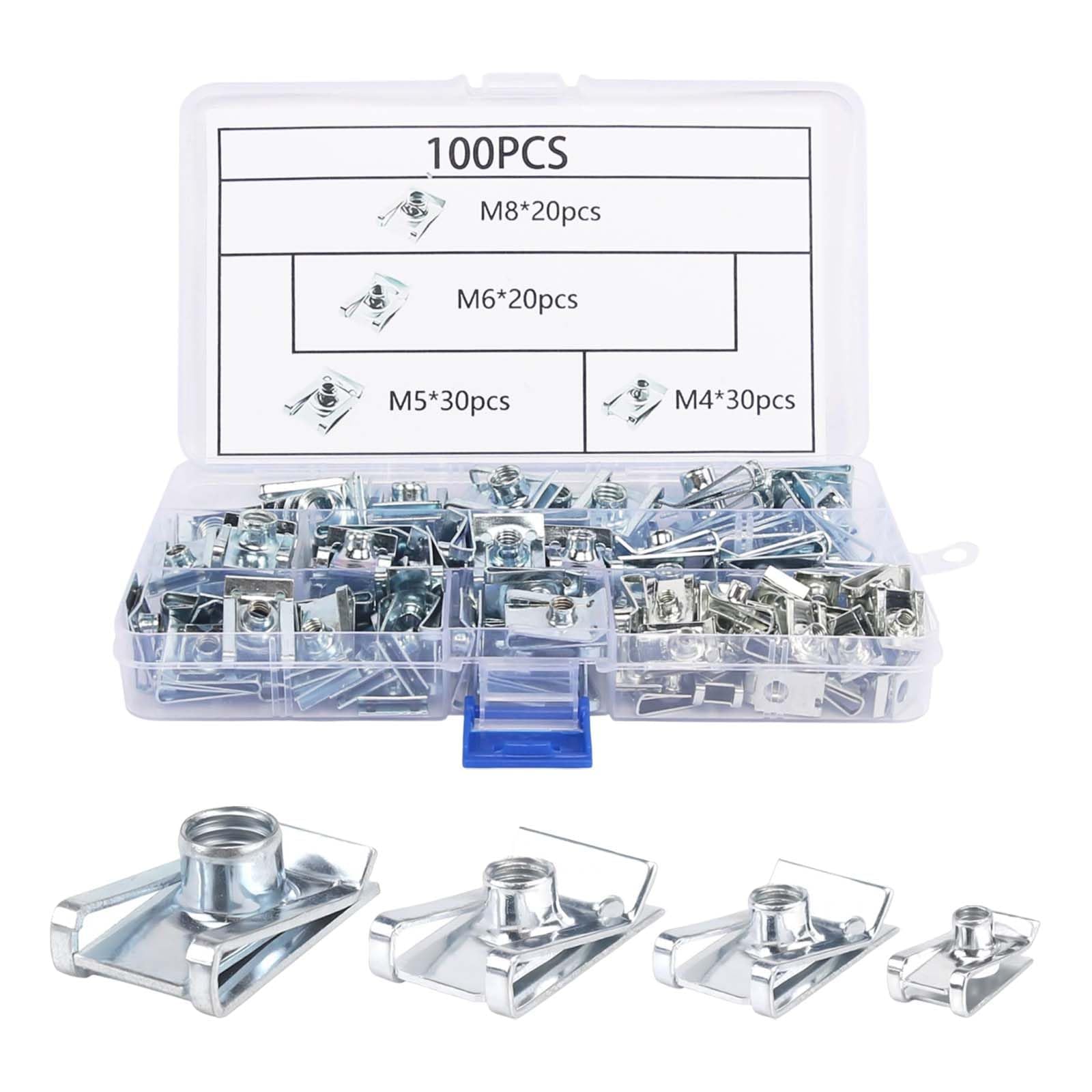 100 pezzi per confezione Dadi a U per Auto,Viti e Clips Auto,U Clip Fissaggio Auto,Set di dadi a scatto,Set di dadi in lamiera,M4, M5, M6, M8, Set di viti per pannelli interni delle portiere dell'auto