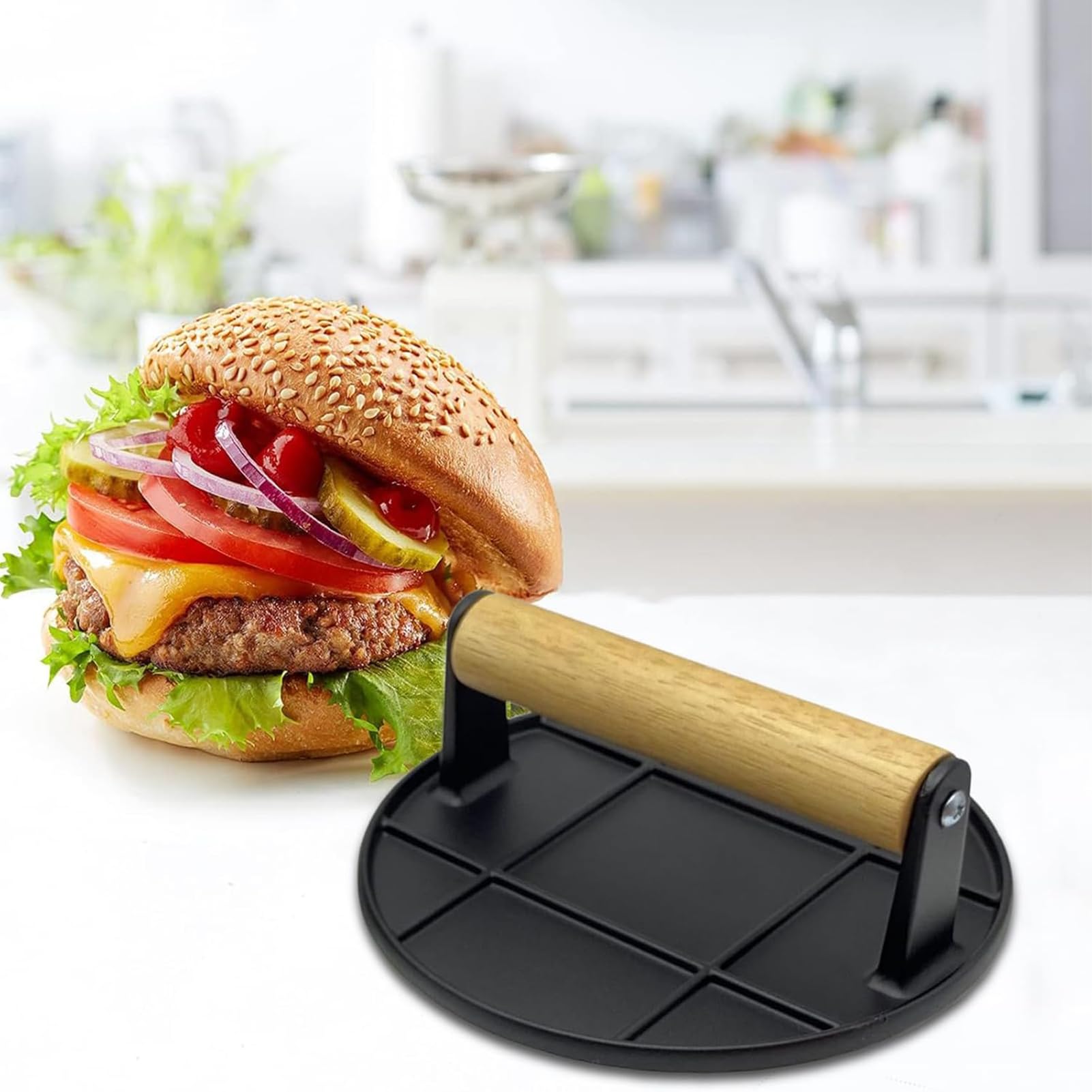 Küchenutensilien: Hamburgerpresse, runde Crêpes-Backform mit flachem Boden und rutschfesten Griffen, robuste Crêpes- und Hamburgerpresse, runde Fleischpresse,Silber,Round