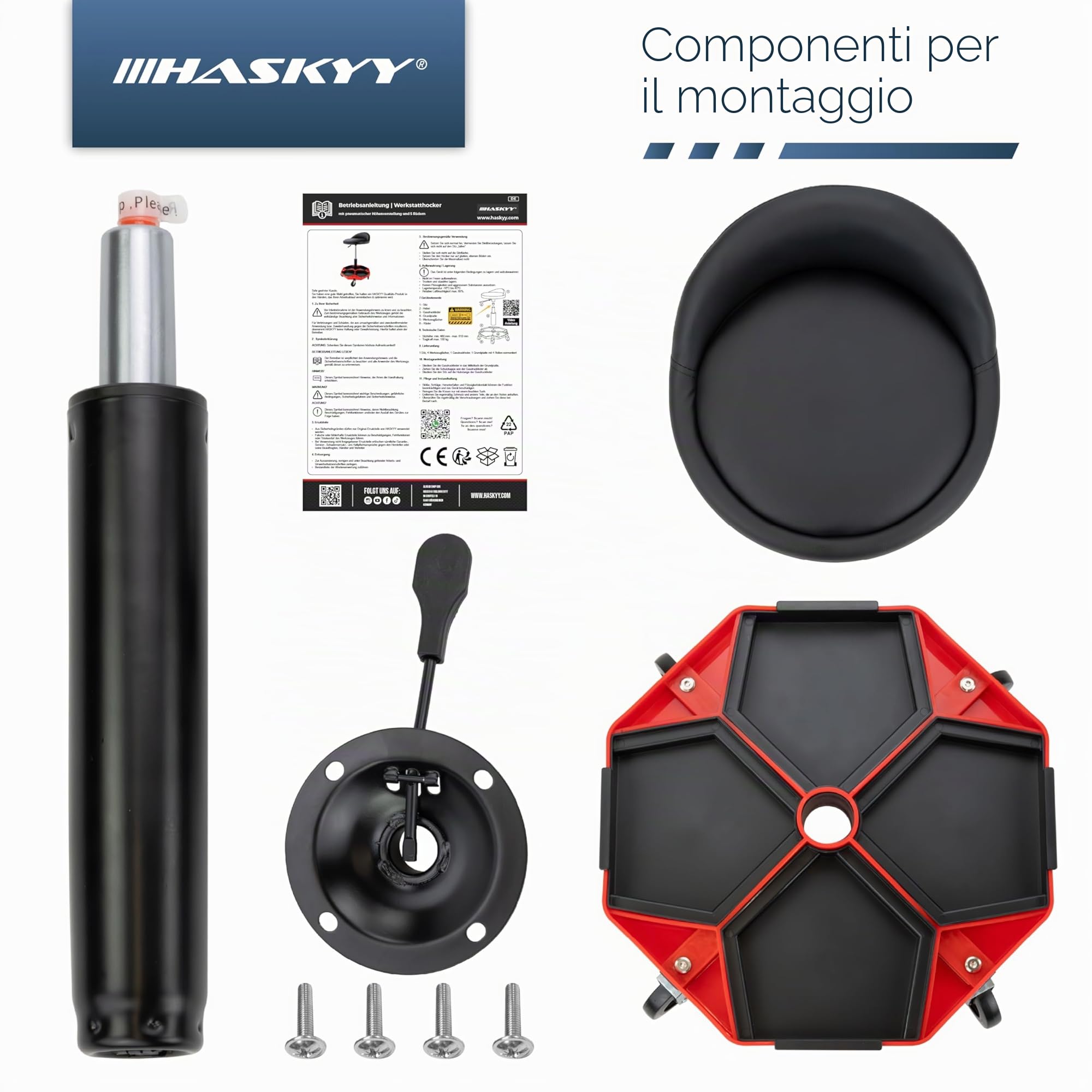 HASKYY Sgabello Girevole con Ruote da officina con schienale, regolabile in altezza, 43-58 cm, portata fino a 150 kg, sedile da officina con ripiani, sgabello da pratica e officina con ruote a 360°