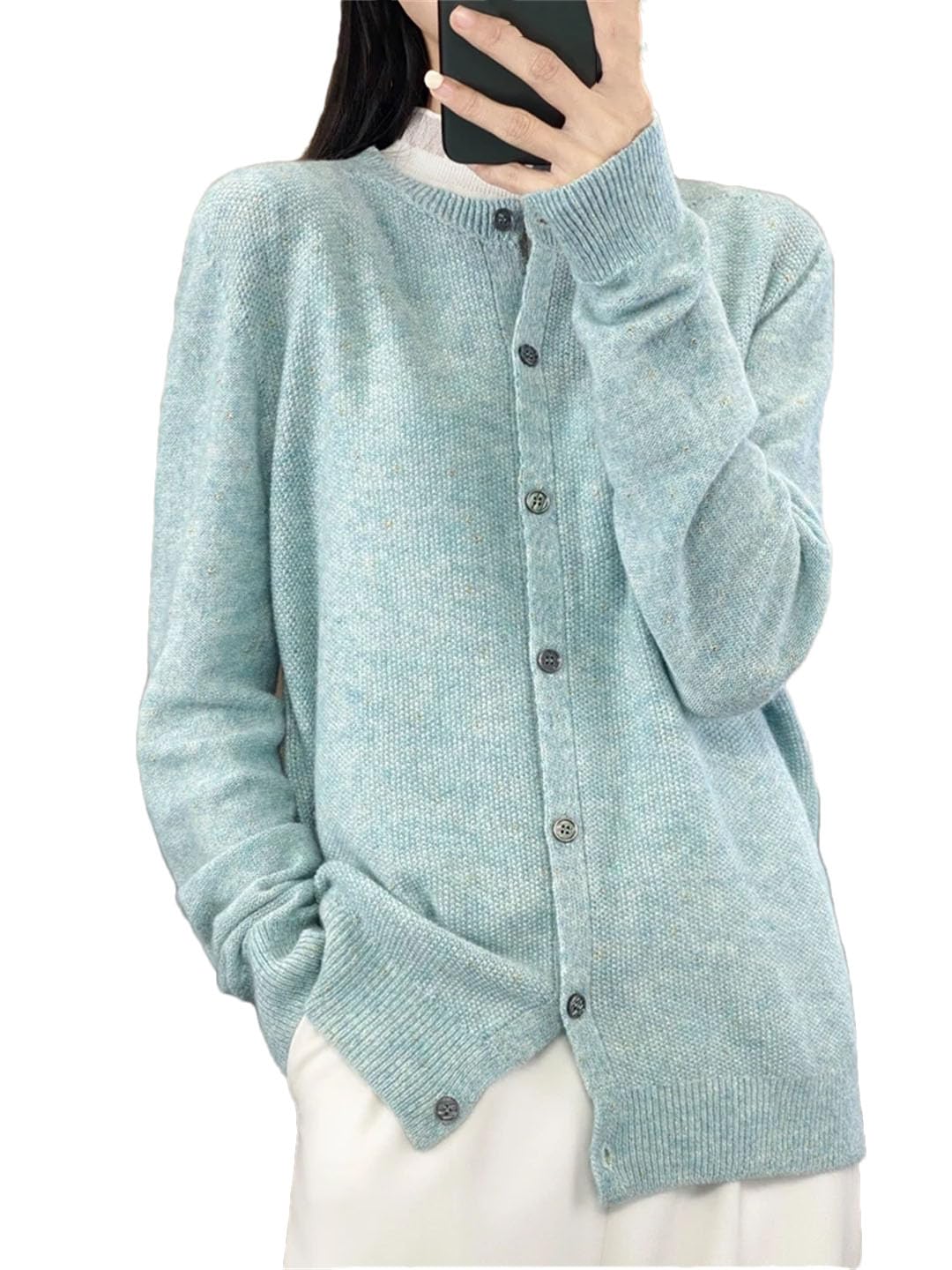 Cardigan da donna con scollo rotondo, a maniche lunghe, in lana e cashmere