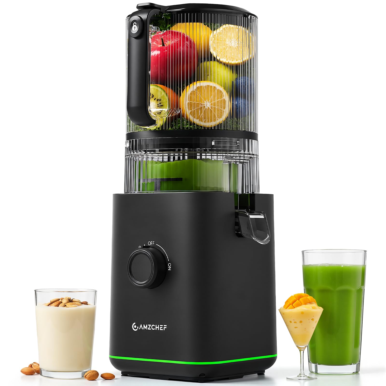 AMZCHEF Extractor de Zumo 155 mm con Tolva de 2,5 L, Prensado en Frío | Slow Juicer para Verduras y Frutas, 2 Filtros para Zumo, Leche Vegetal y Sorbete, Fácil de Limpiar, Silencioso, Negro Global Recycled Standard Global Recycled Standard Global Recycled Standard