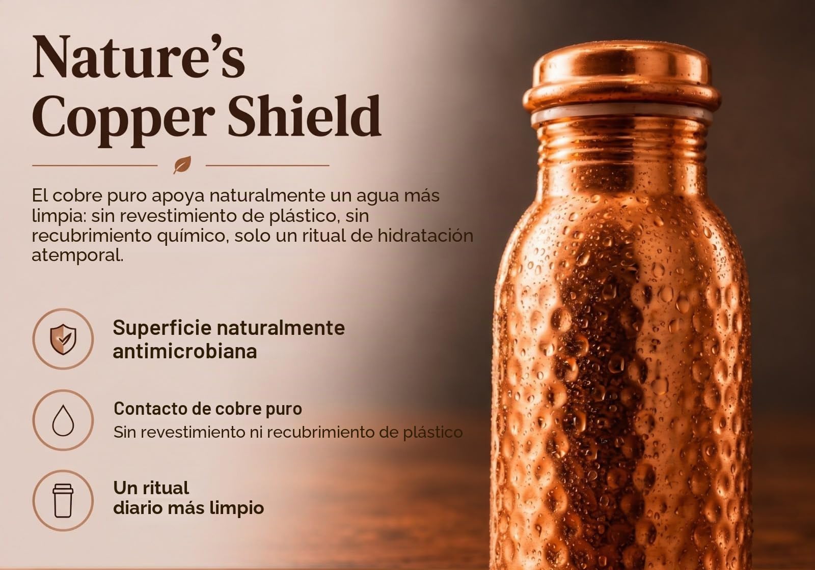 Botella de Agua de Cobre Puro Martillado a Mano 950 ml – Botella Ayurvédica Antifugas Sin BPA para Yoga, Viajes y Oficina con Bolsa de Lona, Bolsillo, Porta Tarjetas y Cepillo