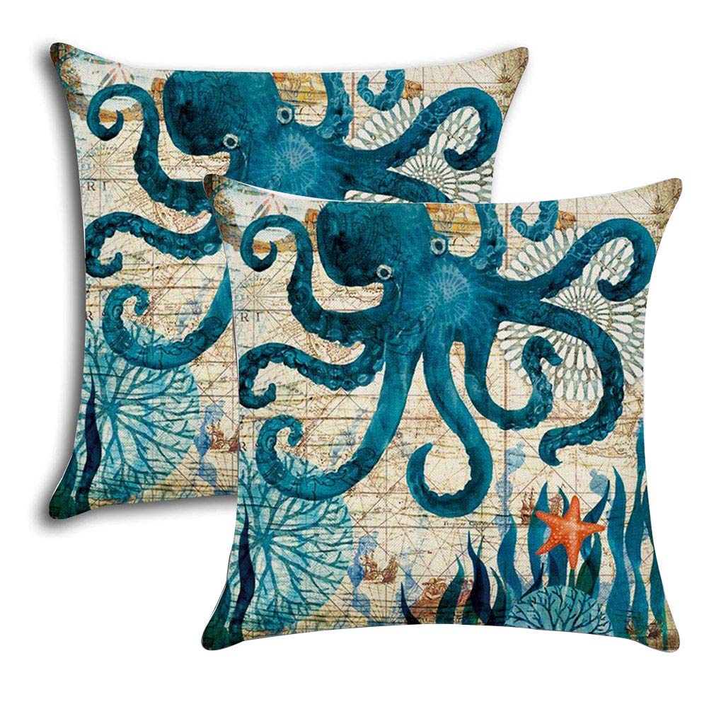 7Colorroom Octopus 2Pack Pillow Cases Decor Ocean Theme Home Decorative Throw Pillow Covers 18”×18” Cushion Covers For Patio Sofa Couch (Octopus)