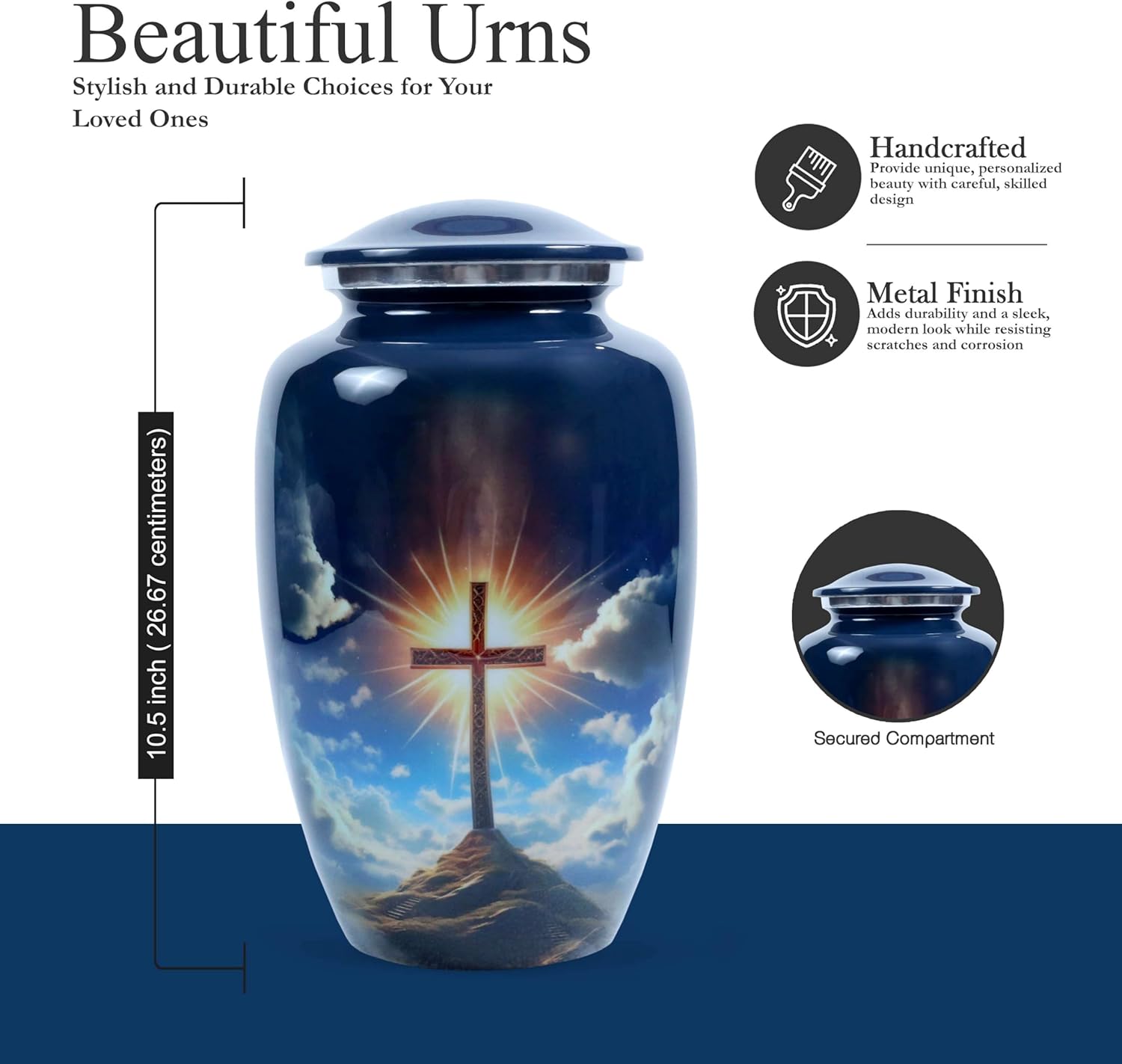 Cross Cremation Urn for Human Ashes Adult Male & Female – Large 200 Cu in Enamel-Coated Aluminum Funeral Urn Secure Lid & Velvet Bag – Decorative Blue Transcendent Faith Memorial Urn for Men & Women