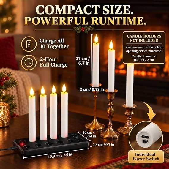 SoulBay Rechargeable Taper Candles with Remote Timer for Windows, 10 Pack