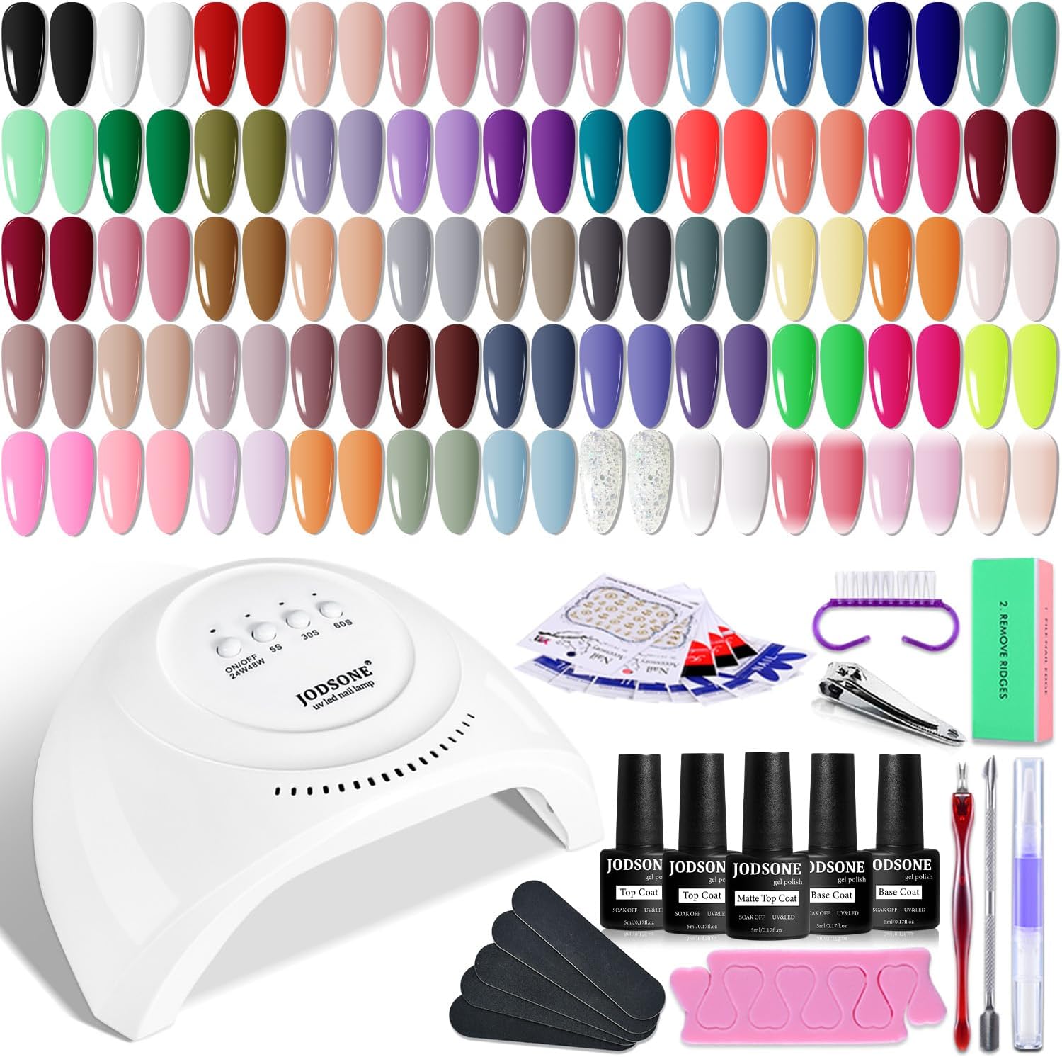 JODSONE 60 PCS Gel Nail Polish Kit with UV Light Base and Matte Glossy Top Coat Nail Gel Polish Soak off Manicure Accessory Tools Suitable for All Seasons