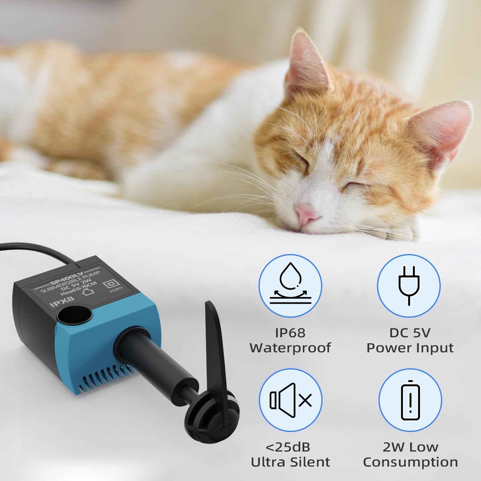 SP-400LV Bomba de fuente de agua para gatos con mango grande, bomba de repuesto USB de 5 V compatible con dispensadores de agua para mascotas Drinkwell Platinum y Platinum LED (sin adaptador)