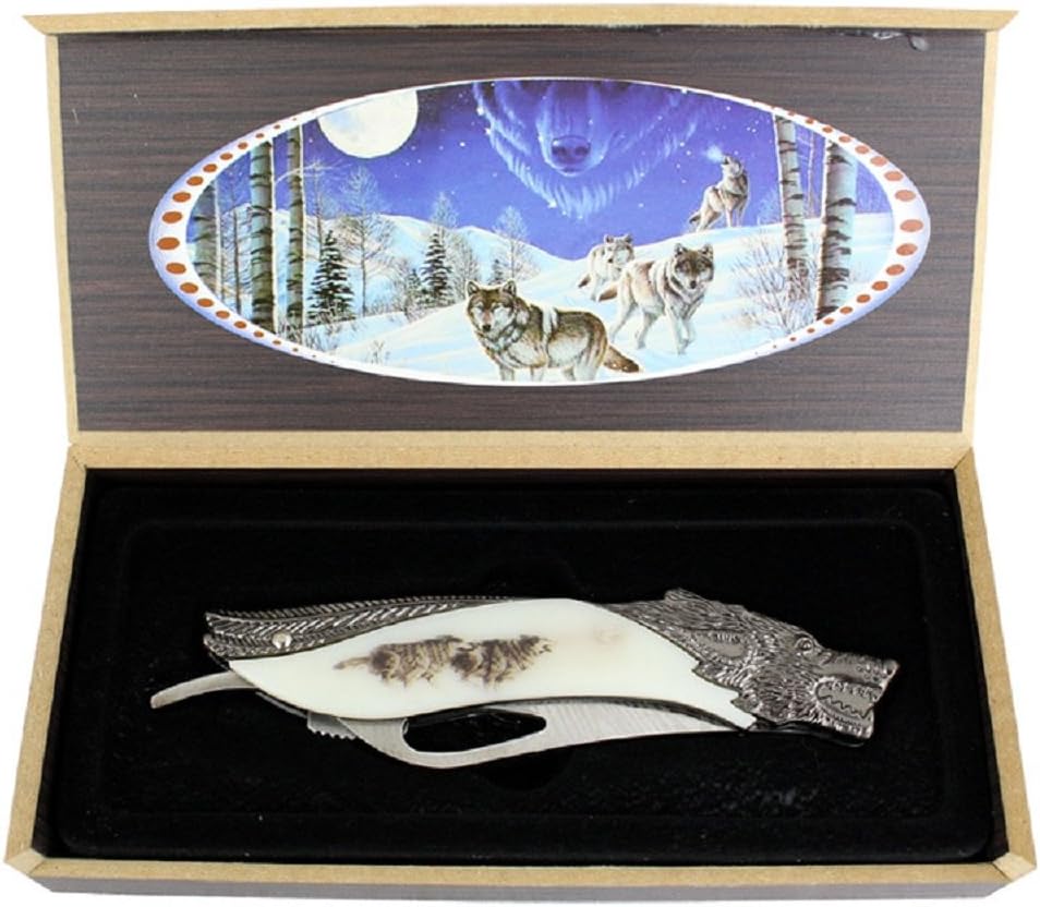 TheBoneEdge 8" Wolf Pattern Handle Folding Knife with Gift Box