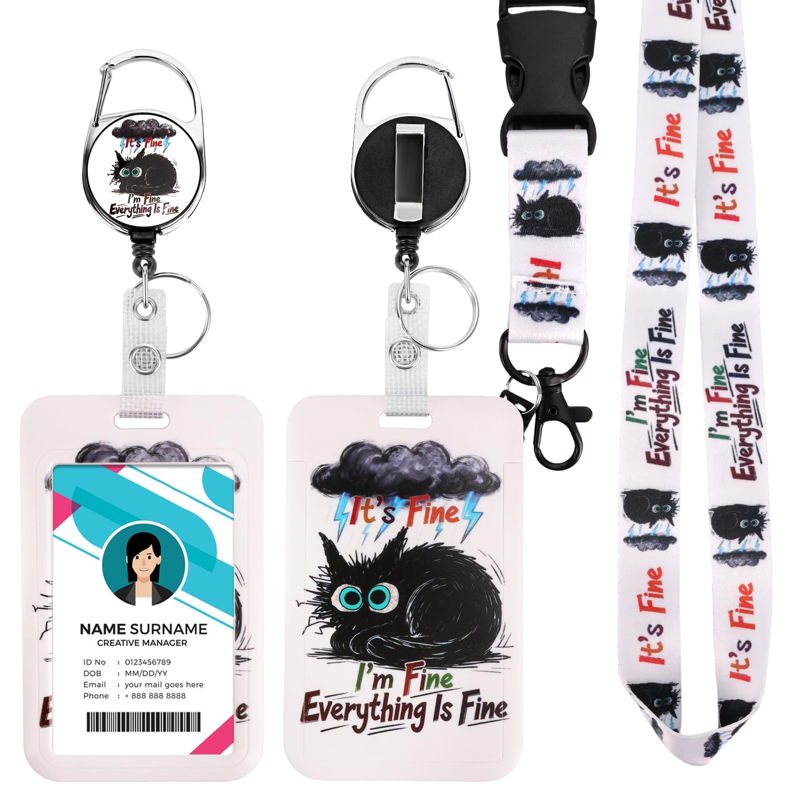 ID Badge Holder with Detachable Lanyard, Retractable Badge Reel, Removable ID Tag Clip, Neck Lanyard (Lightning Cat Color)
