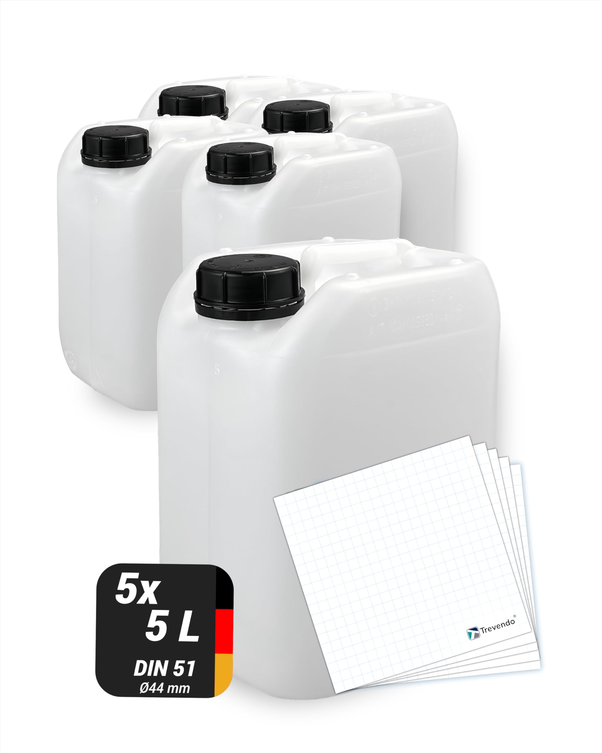 Trevendo® 5 x 5 Liter Kanister lebensmittelecht, stapelbar, inkl. Beschriftungsetiketten