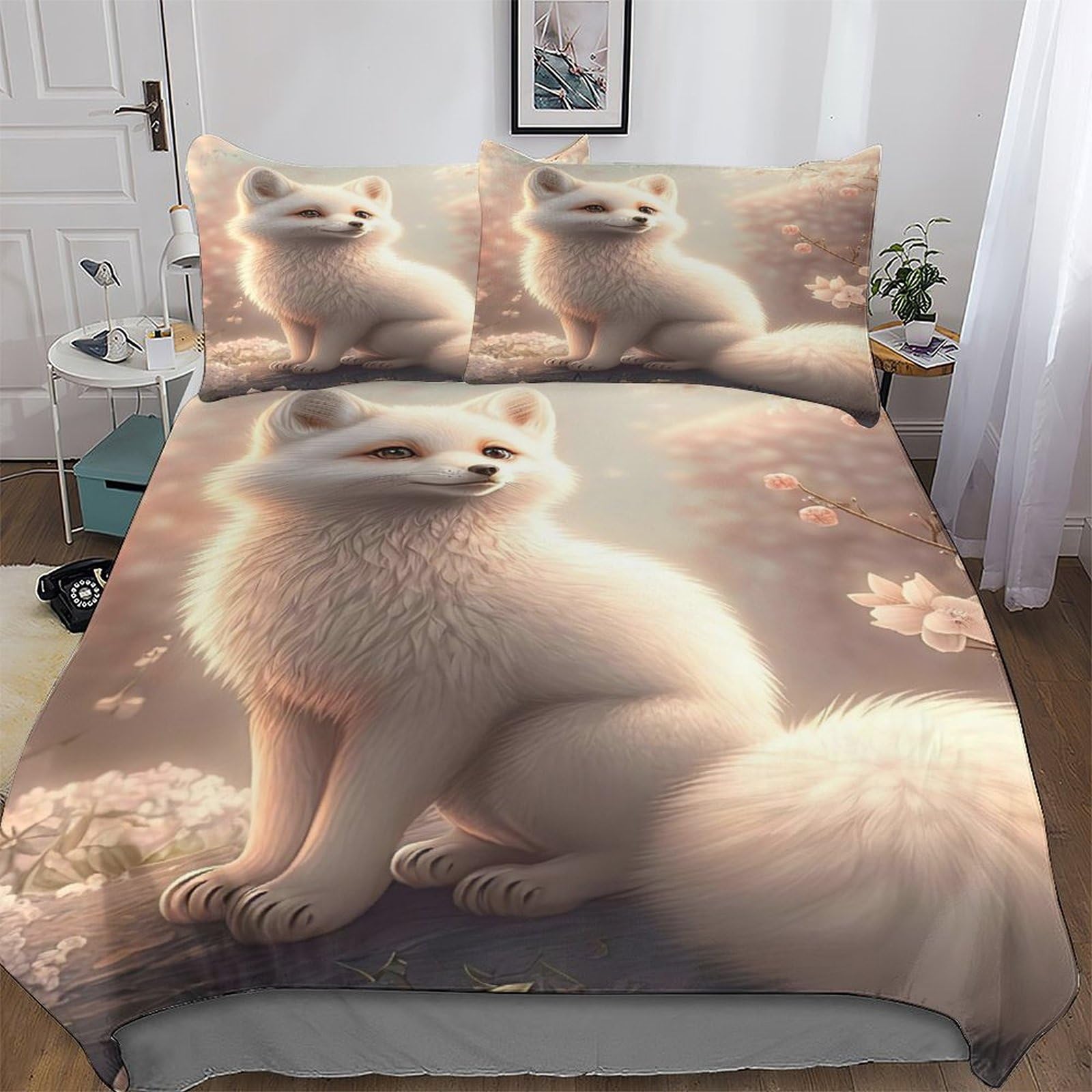Housse de couette renard 3D zippée anti-glissement parure lit microfibre