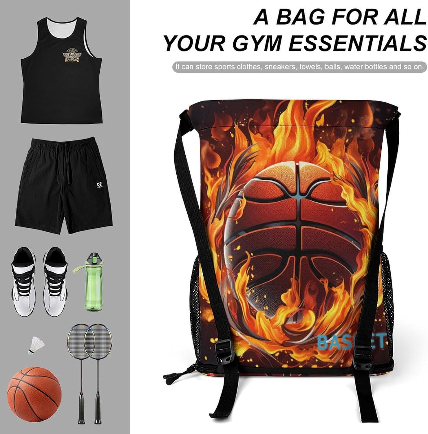 Drawstring Backpack Gym Drawstring Bag for Men Basketball Logo with Flames Draw String Bags Gym Bag Cinch Bag