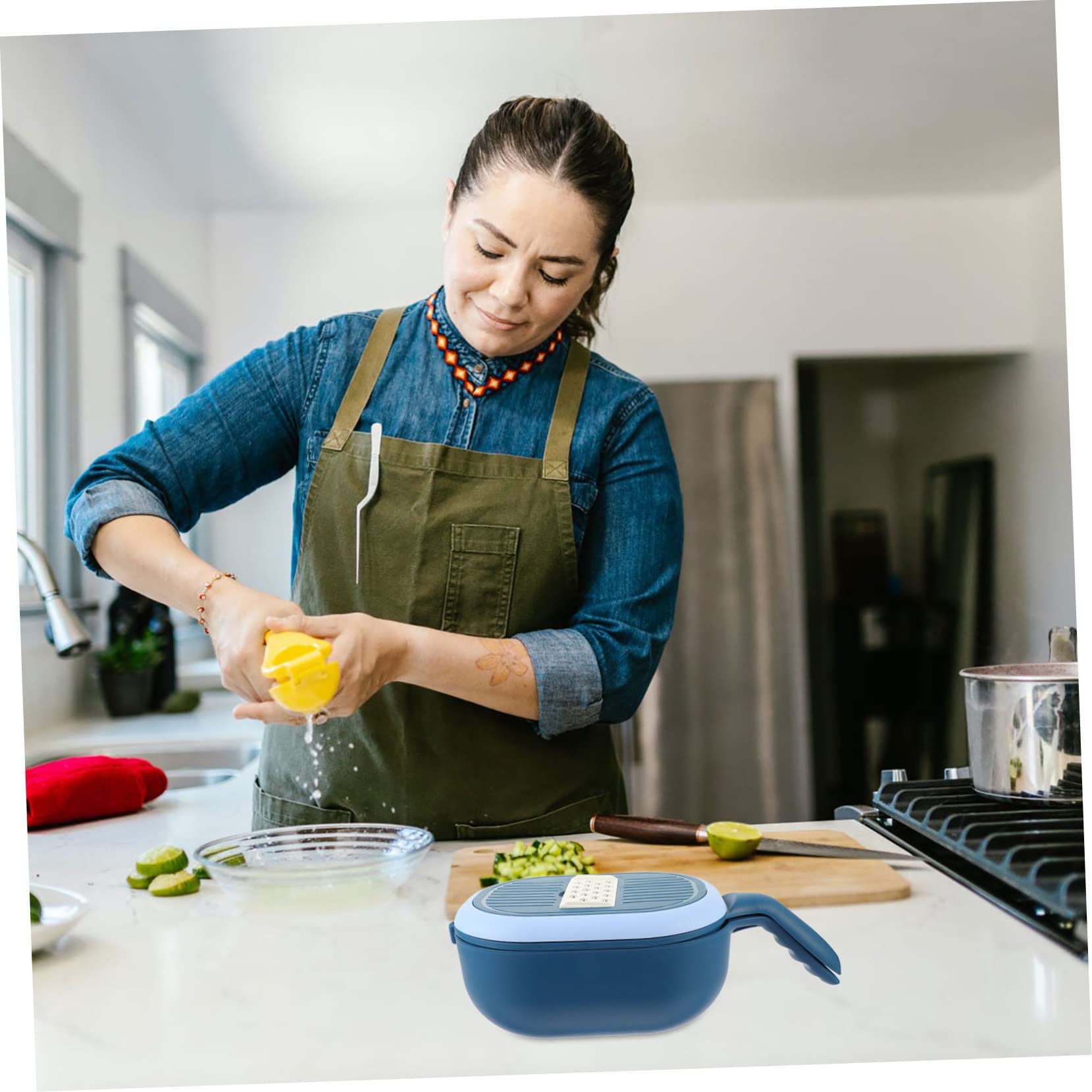Cortador de Verduras Ajustable Azul, con Cesta de Drenaje
