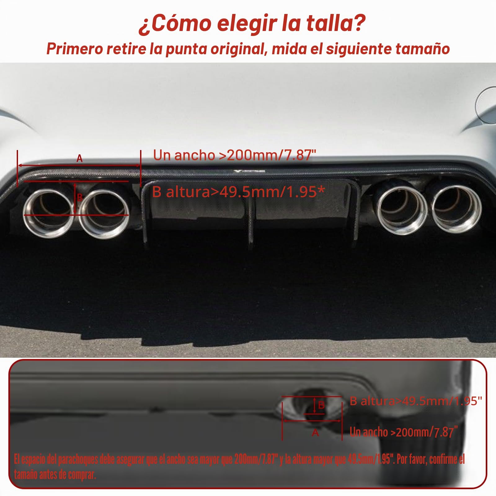 60MM (2.36") Escape Tubo de Acero Inoxidable Engrosado Silenciador Punta de Cola de Coche Extremo de Escape Salida de 3,5" Fibra de Carbono (Doble Salida- Mate Todo Negro, 60mm)