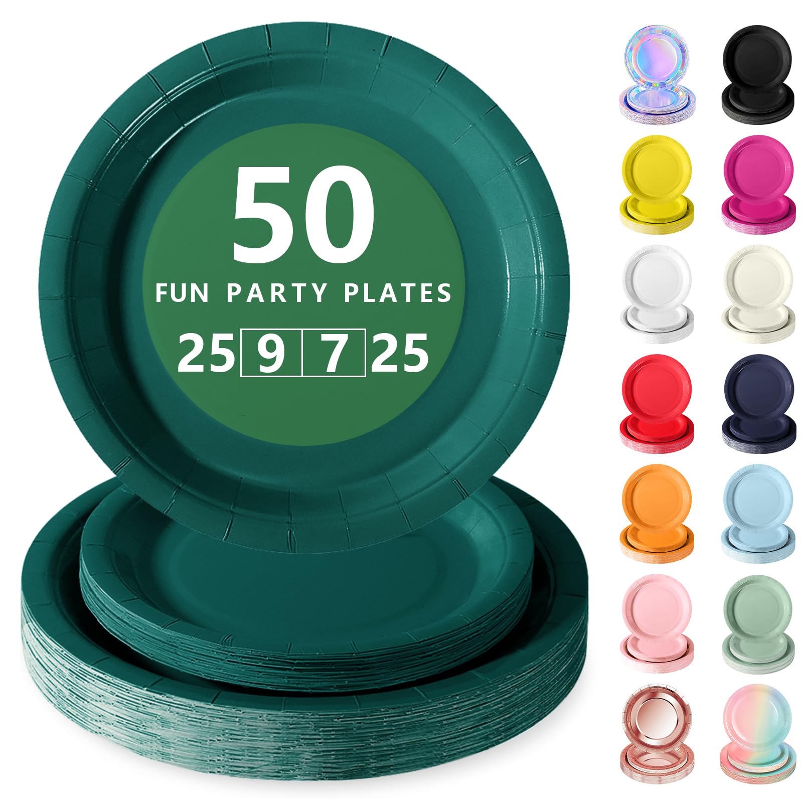 Nkaiso Disposable Paper Plates 50 Pack, Dark Green Party Plates Dinner Set - 25x9inch & 25x7inch Plate Elegant Disposable Tableware for Birthday, Wedding, Christmas Party Supplies — image 1