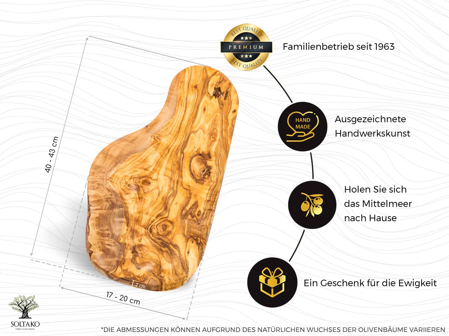 SOLTAKO "The Catania Rustic Board" Brett aus Olivenholz (40-43 cm) Olivenholzbrett Schneidebrett, Holzbrett, Frühstücksbrett, Steakbrett, Naturschnitt (40 x 17 x 2 cm)