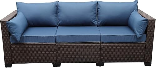 Sofá de mimbre de ratán de polietileno de 3 asientos, marco de acero con funda de muebles y respaldo alto profundo, cojines antideslizantes rojos