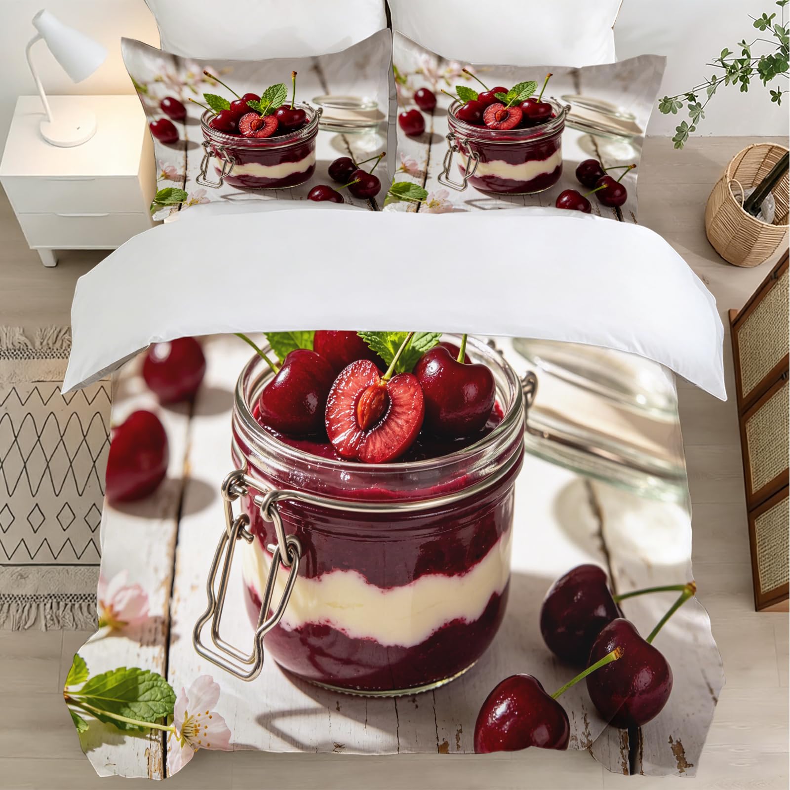 Funda Nórdica Cama 135/150 Pastel de Cerezas Impresión 3D Microfibra Suave Ropa de Cama Postres Deliciosos Funda Edredon 220x240 cm con Cremallera y 2 Fundas de Almohada 50x75 cm l.1250