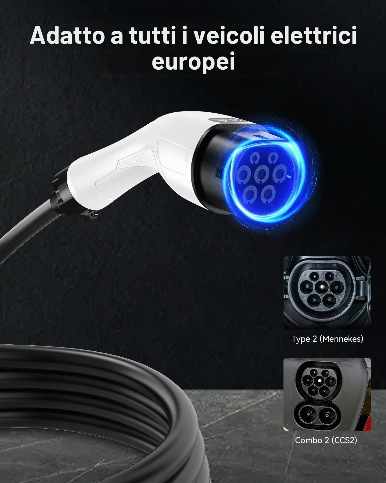Caricabatterie da Auto Elettrico (3,7 KW, 8,5 m, Tipo 2, Schuko) - Cavo di Ricarica con amperaggio Regolabile 6A-16A, Ricarica ritardata e Programmata, terminale di Ricarica Mobile per EV e