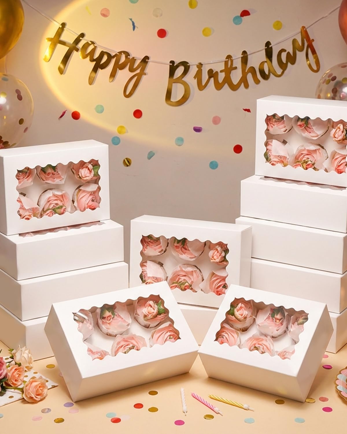 Gcardist Confezione da 6 scatole per cupcake auto-pop up bianche con finestra, 30 confezioni di scatole per cupcake 23,88 x 15,49 x 8,38 cm, scatole da forno per cupcake, contenitori per cupcake (23,9