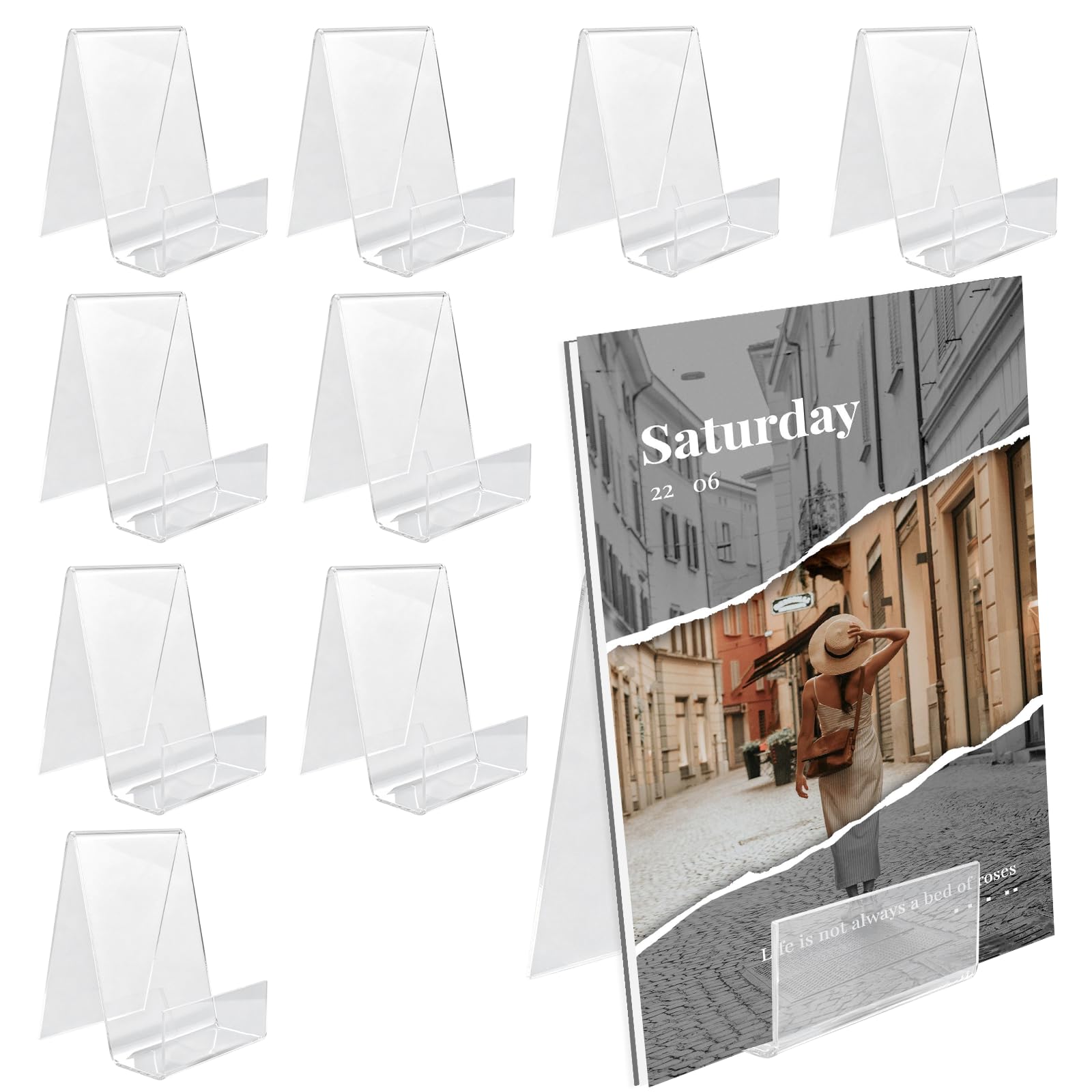 TAOBWN Clear Acrylic Book Stands, 10 Pcs Transparent Book Display Stand, Acrylic Bookshelf for Displaying Picture Albums, Books, Music Sheets, Notebooks, Artworks(7.5 x 9 x 10.5 cm)