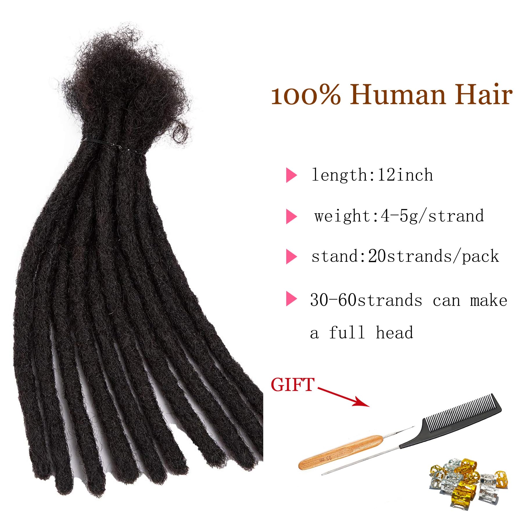 TAOYEMY Dreadlock Extensions 12 Inch 20 Strands/Pack, 100% Real Human Hair, Afro Kinky Style for Women & Men (1B - Image 2