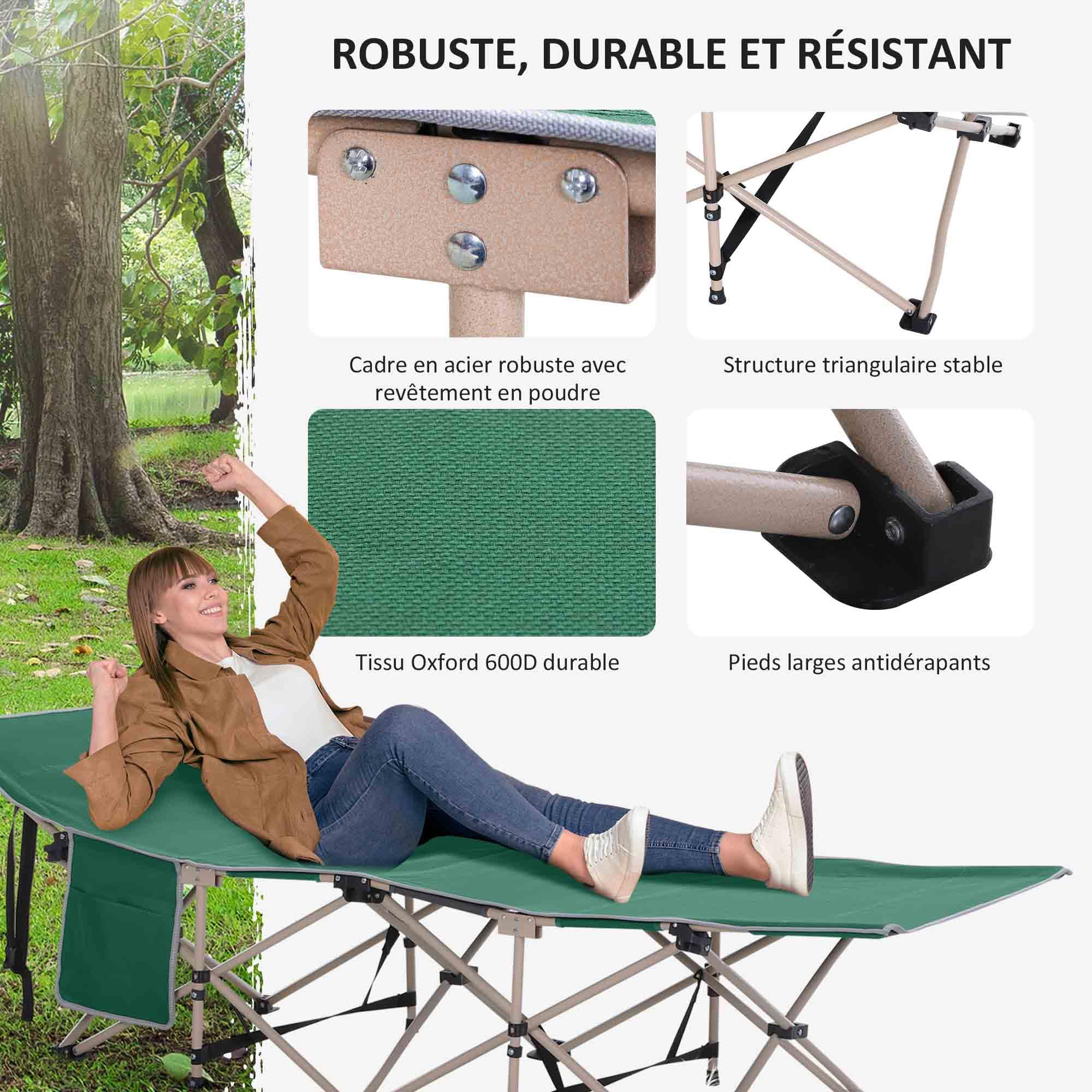 Outsunny Lit de Camping Pliable, lit de Camp pour Adultes, Cadre en Acier Sac de Transport Inclus Charge Max. 150 kg 190 x 68 x 52 cm