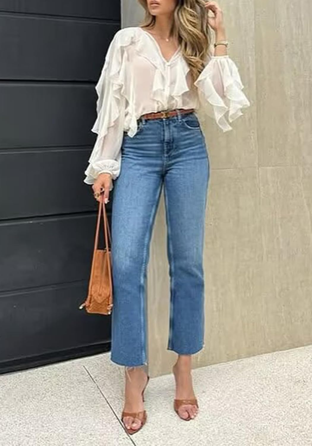 LETSVDO Women's Ruffle Chiffon Tops Puff Sleeve Sheer See Through Button Down V Neck Bubble Loose Casual Blouses Shirts - Image 7