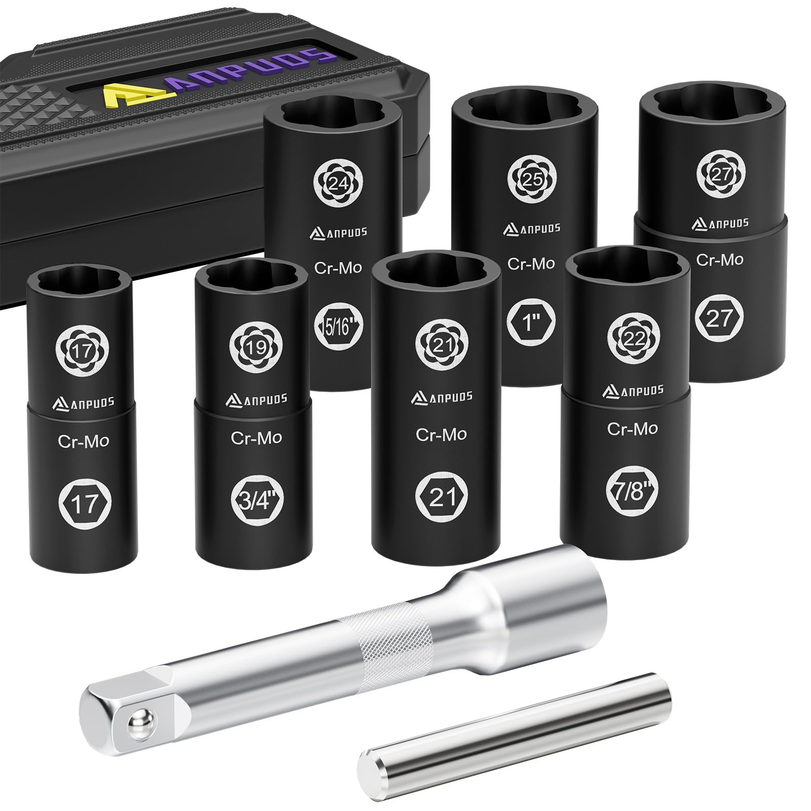 Lug Removal Tool, 9 PCS Wheel Lock Kit, 2 IN 1 Cr-Mo Steel 6 Point & Twist Extractor, 1/2" Drive Impact Flip Socket Set for Removing Damaged, Warped, Rusted Nuts & Screws