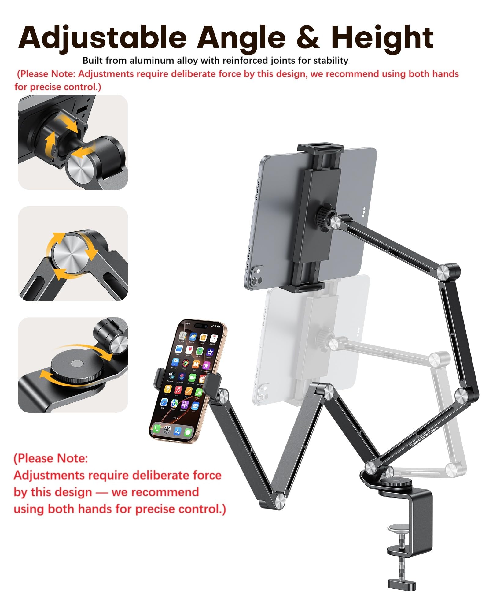 OMOTON Supporto per tablet in alluminio per scrivania, girevole a 360° per iPad, supporto regolabile per telefono da letto con braccio stabile, adatto per tutti gli iPhone/tablet fino a 12", Nero