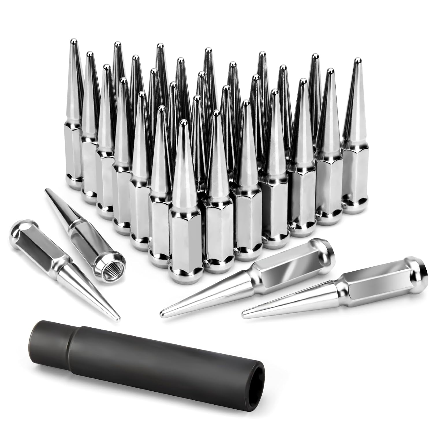 KSP M14X1.5 Spike Lug Nuts, 32PCS Chrome 14mmx1.5 Wheel Spiked Lug Nut for Silverado Sierra 1500 2500 3500 F150 F250 F350, 19mm Hex Closed End Nut with 1 Socket for Aftermarket Wheel