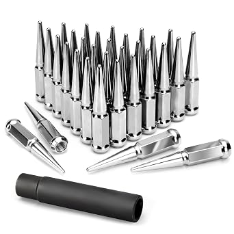 KSP M14X1.5 Spike Lug Nuts, 32PCS Chrome 14mmx1.5 Wheel Spiked Lug Nut for Silverado Sierra 1500 2500 3500 F150 F250 F350, 19mm Hex Closed End Nut with 1 Socket for Aftermarket Wheel