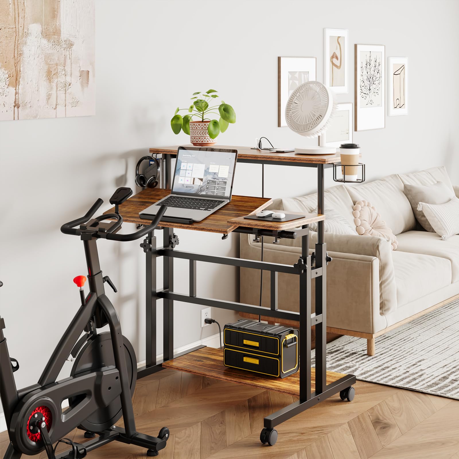 Dripex Stehpult Höhenverstellbar mit Steckdosen, Sitz-Steh Schreibtisch mit Rollen, LED Stehtisch mit neigbar Tischplatte, 80x60cm Laptoptisch Workstation für Zuhause und Büro, Vintage Braun