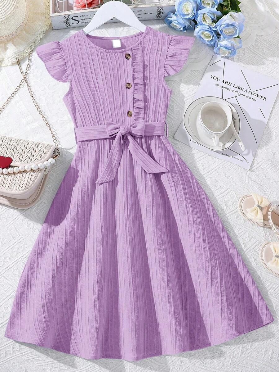 PAMBERSTON Baby Girl's Polyester Blend Frock with Short Ruffle Sleeves Round Neck Solid Pattern A Line Style Knee Length and Waist Bow Purple 1