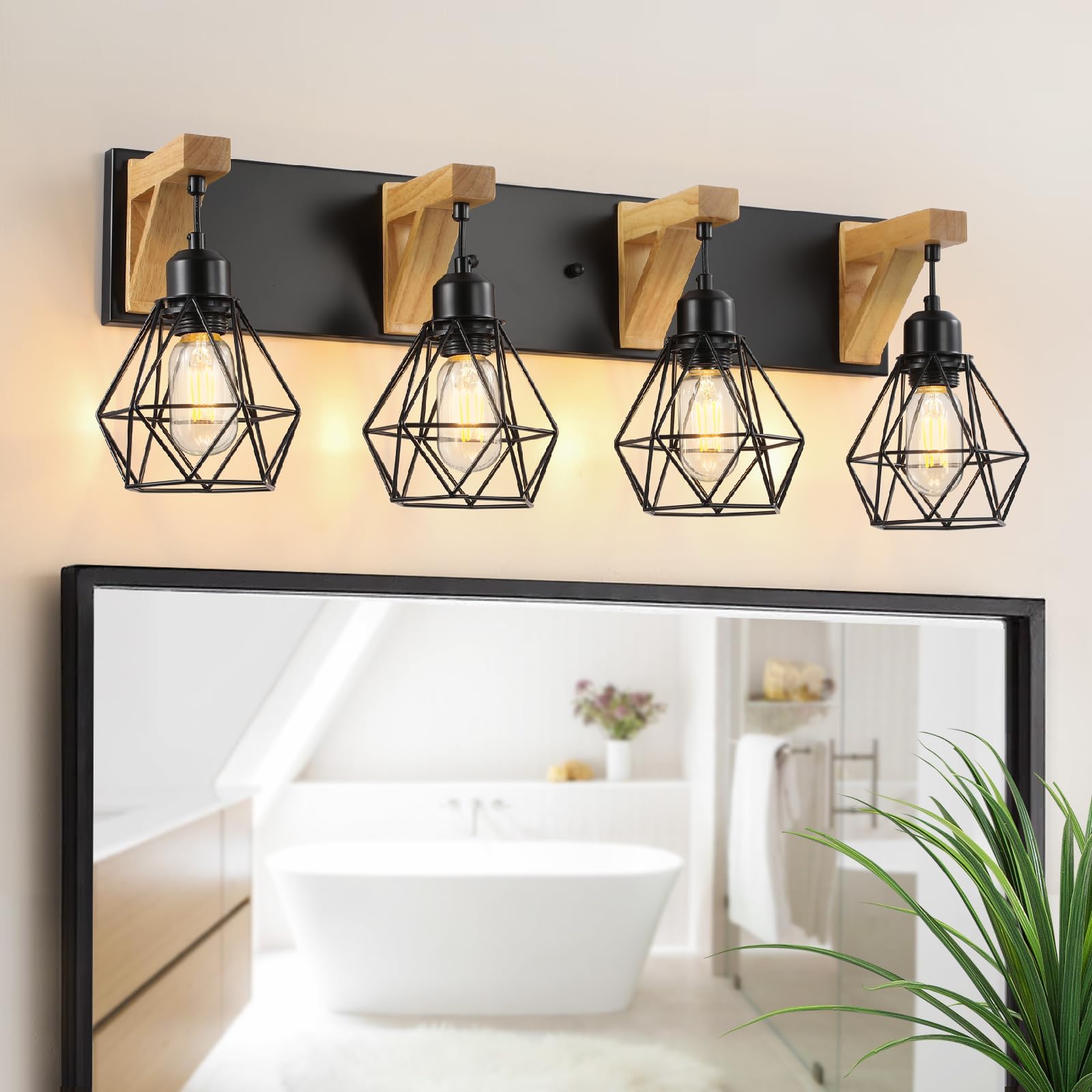 maesta 4-Light Farmhouse Bathroom Vanity Light Fixtures, Wood Bathroom ...