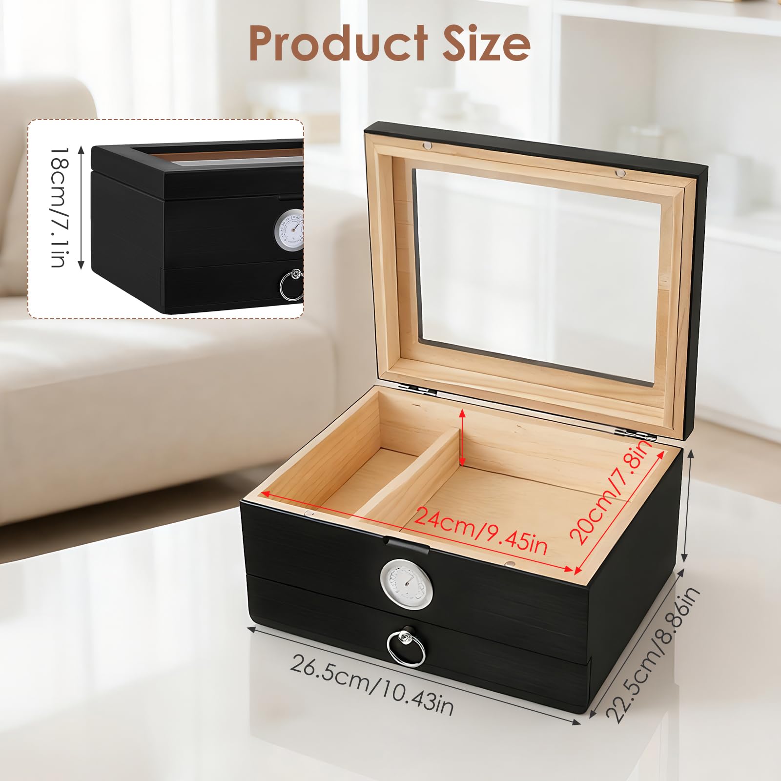 Umidificatore per sigari con coperchio in vetro in legno di cedro, da scrivania con igrometro digitale e accessori cassetto – Conservazione per 20-35 sigari, regalo per gli amanti dei sigari