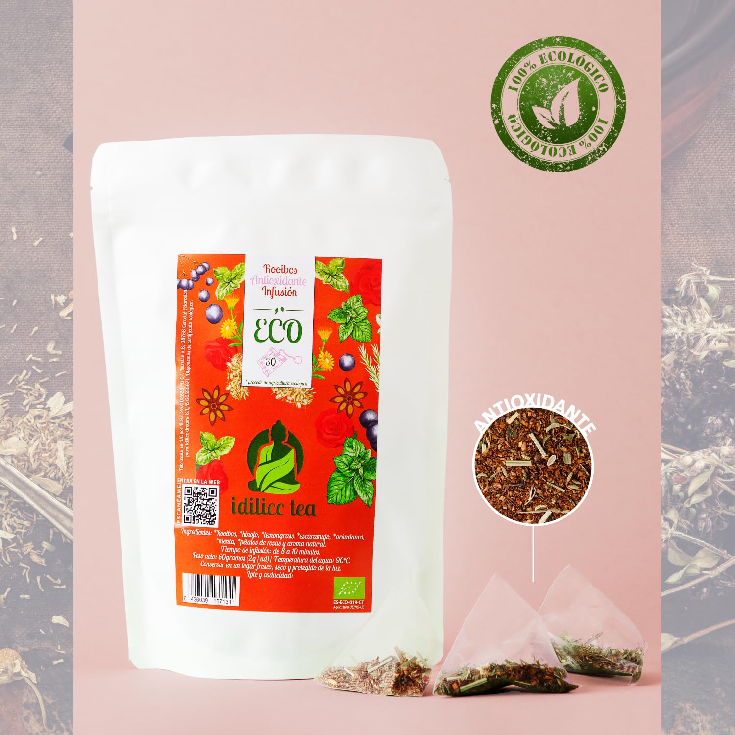 IDILICC TEA Infusion de Rooibos 100% Ecológico. 30 Pirámides. Bolsitas de Te Rojo Sudafricano Natural con Hinojo y Tila. Roibos Relajante. Reduce Acidez Estomacal. Infusiones Variadas