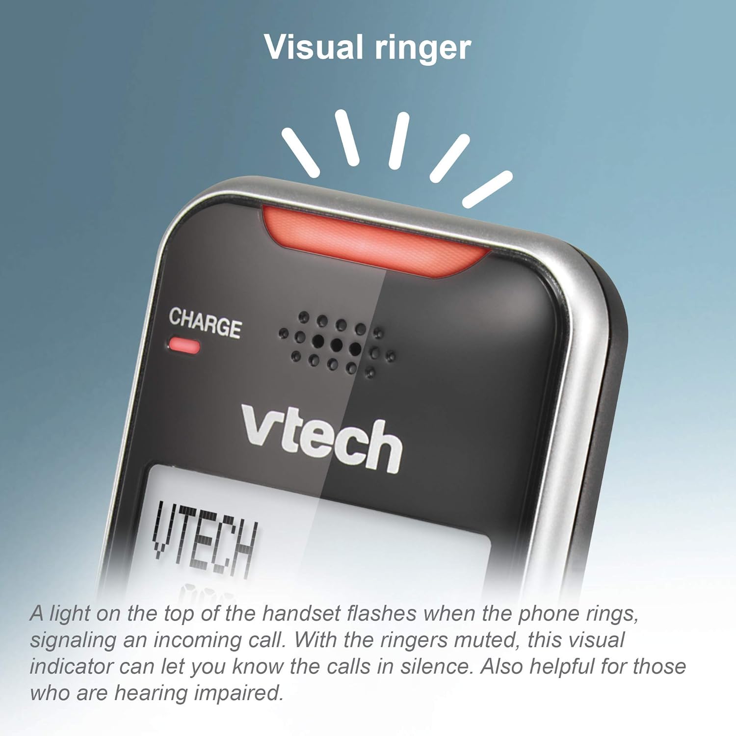 A close-up of the top of a VTECH cordless phone handset showing the visual ringer light flashing.