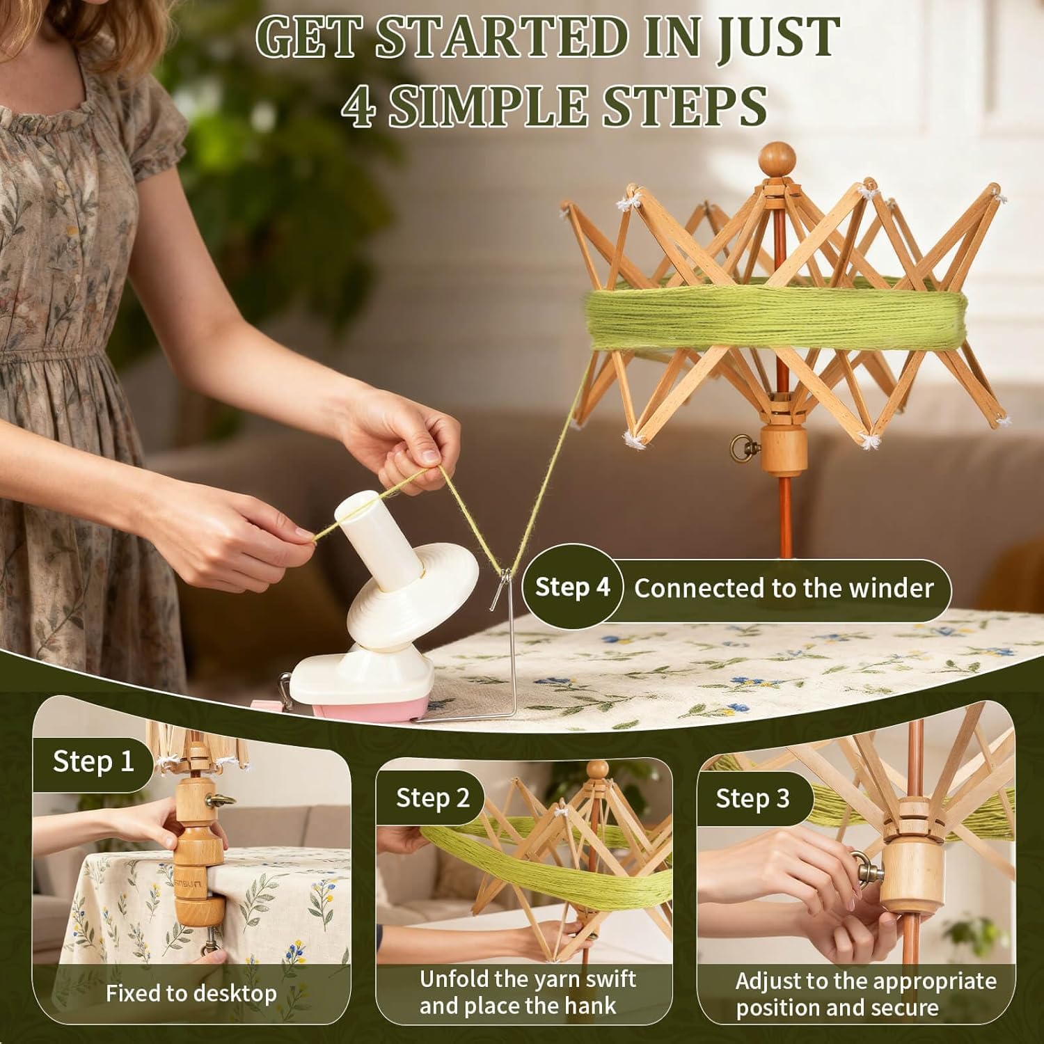 SPEENSUN Wooden Yarn Swift, 4-Step Easy Setup Yarn Umbrella Perfect Match with Yarn Winder, Durable Wood Construction, Foldable Design, Best Christmas Gifts for Knitters & Crocheters