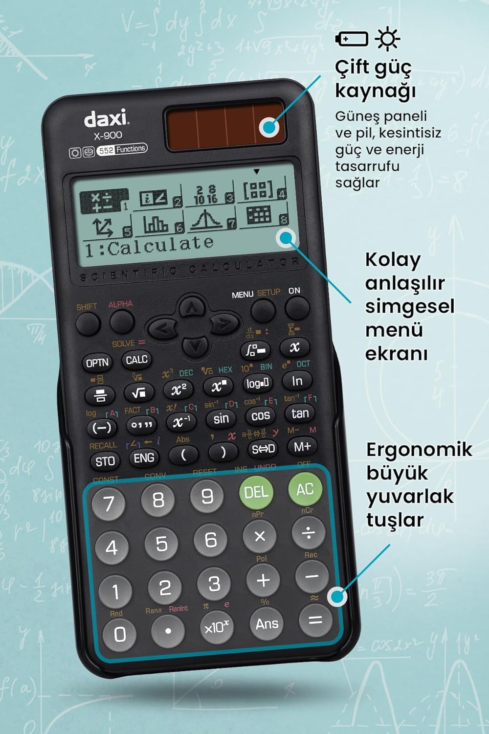 DAXI X-900 Calculator showing symbol menu screen