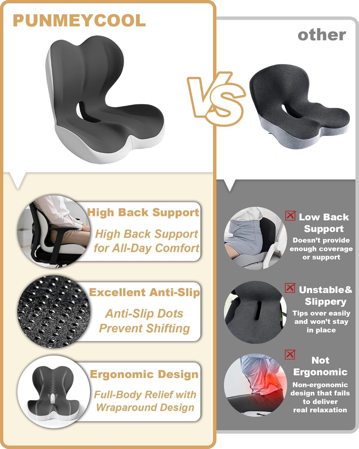 Lumbar Support Seat Cushion, Memory Foam Ergonomic Cushion for Sciatica, Hip & Tailbone Pain Relief – Office Chair, Car Seat, Gaming Chair for Long Hours Sitting & Drivers