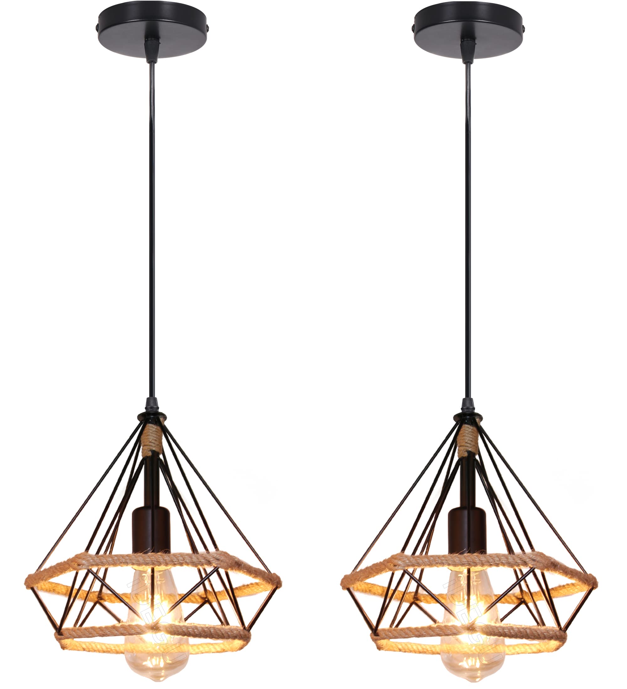 iDEGU 2 Piezas Lámparas Colgante Vintage 25CM Lámpara de Techo Industrial de Metal con Cuerda de Cáñamo Retro Diseño Jaula E27 Iluminación de Techo para Comedor Dormitorio Café Salón Pasillo