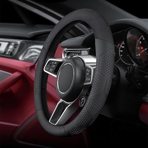 Miniatura 10 de Yangday Funda de cuero para volante de automóvil para Ford F150 F250 F350, de 15.5 a 16 pulgadas, con partículas de masaje antideslizantes (marrón)