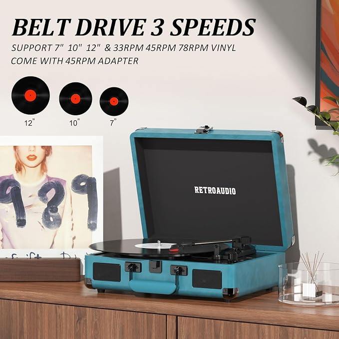 Tocadiscos portátil Bluetooth 3 velocidades en maletín miniatura 4