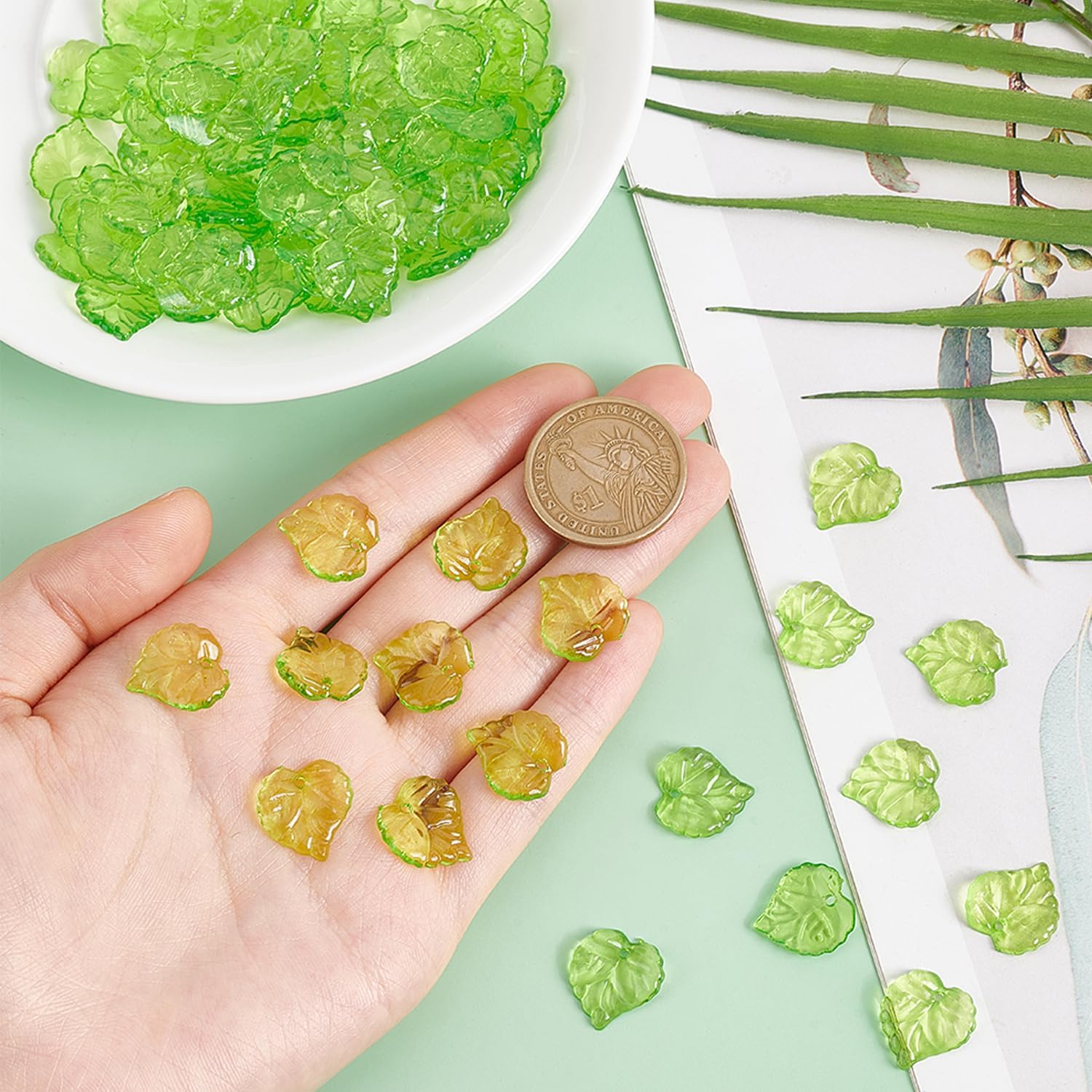 PH PandaHall 100pcs Green Flower Beads, Transparent Leaf Bead Charms, 15x15x2mm Frosted Leaves Pendants with 1.5mm Hole for DIY Earrings Pendants Bracelets Jewelry Making Spring Crafts Decor - Image 3