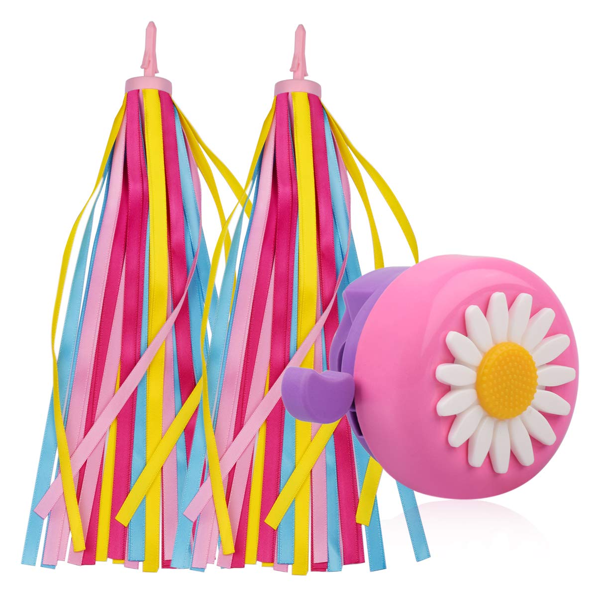 U-LIAN Kids Streamers and Bike Bell for Girls-1 Pack Flower Bicycle Bell with 2 Pack Handlebar Streamers Scooter Tassels for Children's Bike Accessories
